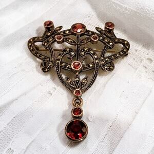 Judith Jack Edwardian Revival Sterling Garnet Marcasite Lavaliere Brooch Signed